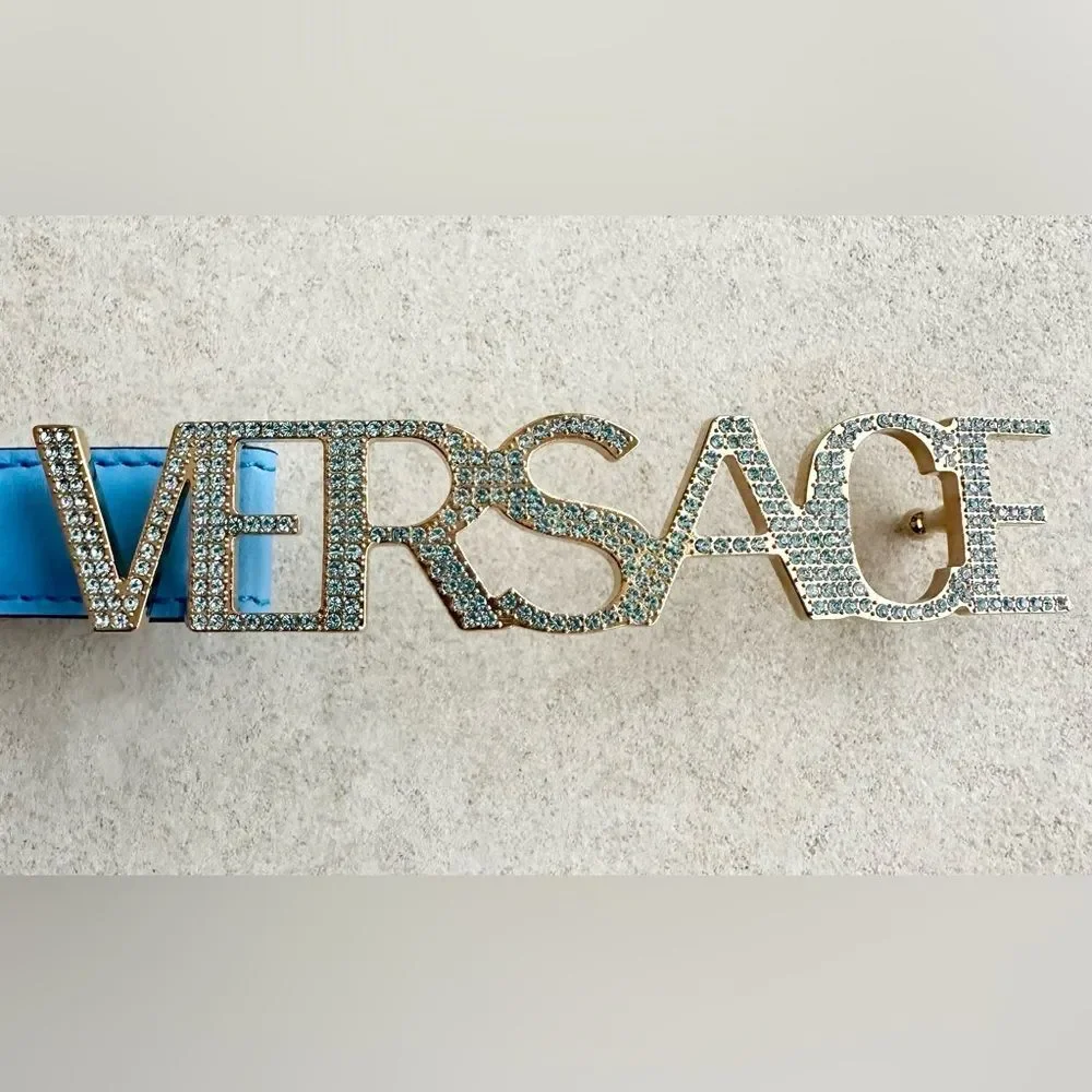 Versace Logo Plaque Crystal Belt Blue Size 90 NWT